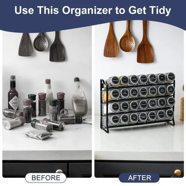Alt view image 5 of 7 - Spice Rack Organizer with 28 Empty Spice Jars with Silver Lids, Funnel, Labels - Seasoning Organizer for Countertop, Cabinet, Kitchen, Pantry