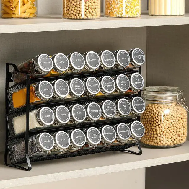 Alt view image 6 of 7 - Spice Rack Organizer with 28 Empty Spice Jars with Silver Lids, Funnel, Labels - Seasoning Organizer for Countertop, Cabinet, Kitchen, Pantry