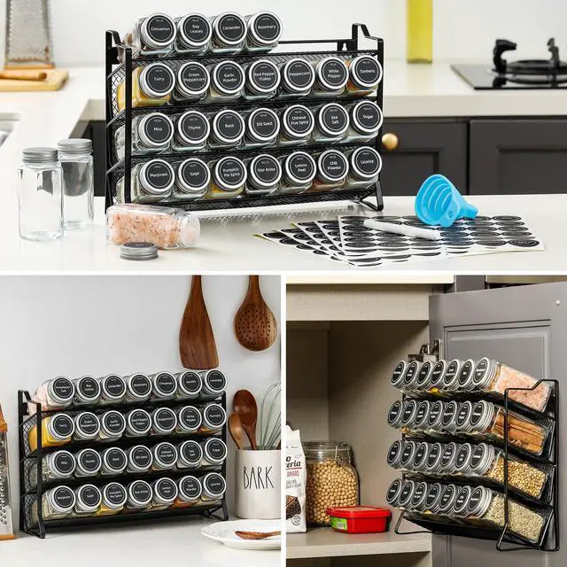 Alt view image 7 of 7 - Spice Rack Organizer with 28 Empty Spice Jars with Silver Lids, Funnel, Labels - Seasoning Organizer for Countertop, Cabinet, Kitchen, Pantry