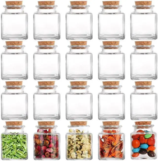 Main image of 20 PCS Glass Favor Jars with Cork Lids, 2 OZ Mini Square Vials Bottles for Herb Storage, Small Spice Containers for Tea, Jelly, Candy, Wedding & Party Favors, DIY Crafts