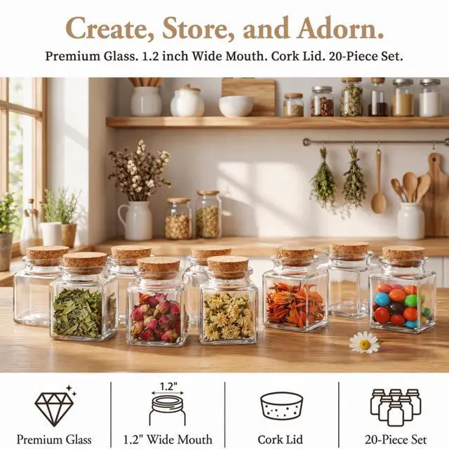 Alt view image 3 of 7 - 20 PCS Glass Favor Jars with Cork Lids, 2 OZ Mini Square Vials Bottles for Herb Storage, Small Spice Containers for Tea, Jelly, Candy, Wedding & Party Favors, DIY Crafts