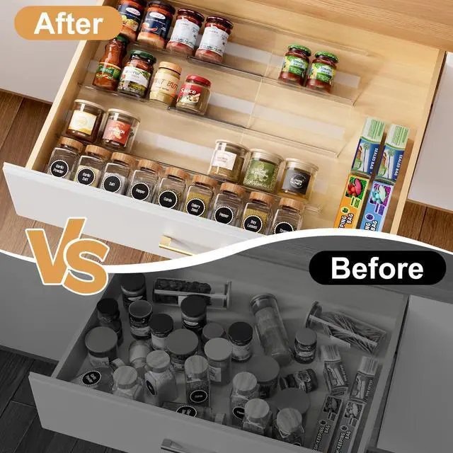 Alt view image 2 of 7 - 8-Pack Spice Drawer Organizer, Expandable Acrylic Seasoning Rack (13" to 26") with Anti-Slip Mat, Kitchen Spice Rack Holds up to 56 Jars (Jars Not Included)