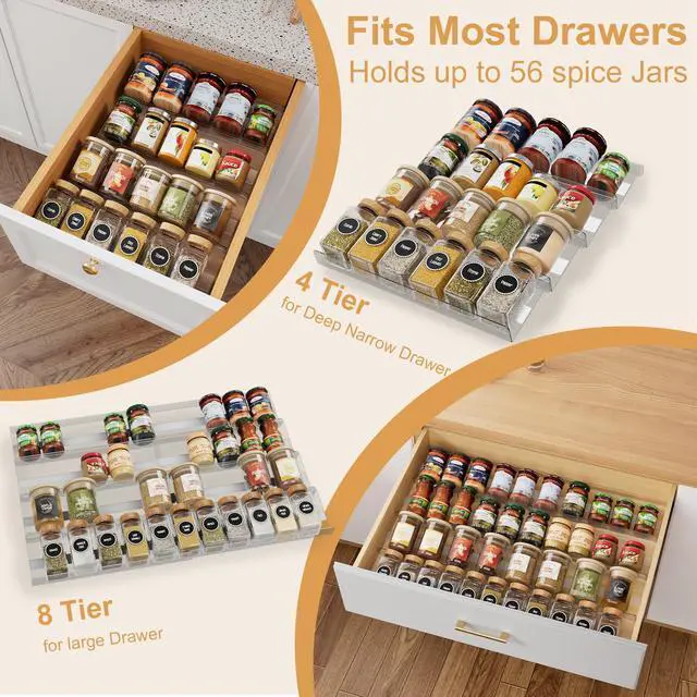 Alt view image 3 of 7 - 8-Pack Spice Drawer Organizer, Expandable Acrylic Seasoning Rack (13" to 26") with Anti-Slip Mat, Kitchen Spice Rack Holds up to 56 Jars (Jars Not Included)