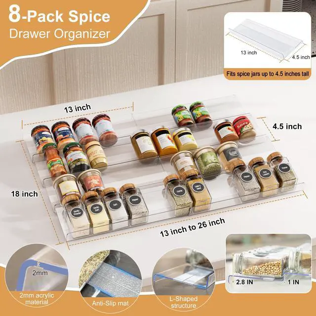 Alt view image 5 of 7 - 8-Pack Spice Drawer Organizer, Expandable Acrylic Seasoning Rack (13" to 26") with Anti-Slip Mat, Kitchen Spice Rack Holds up to 56 Jars (Jars Not Included)