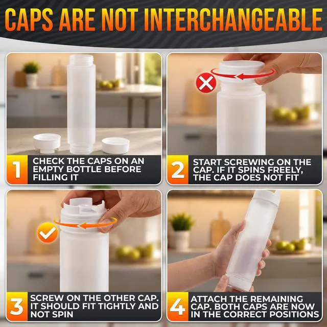 Alt view image 2 of 7 - Set of 6 Inverted Condiment Squeeze Bottles 16 oz Upgraded Design with Added Sealing Gaskets, Self-Closing Valve, Easy-to-Fill Clear Bottles for Sauces, Dressings, Ketchup, Mustard for Everyday Use