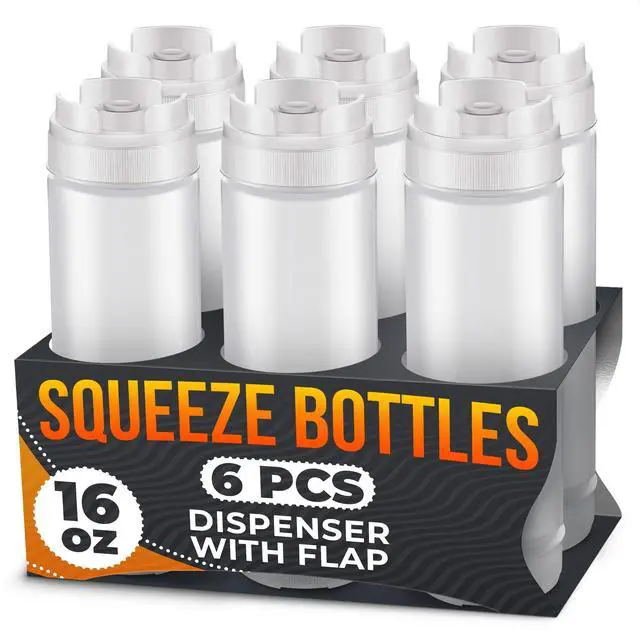 Main image of Set of 6 Inverted Condiment Squeeze Bottles 16 oz Upgraded Design with Added Sealing Gaskets, Self-Closing Valve, Easy-to-Fill Clear Bottles for Sauces, Dressings, Ketchup, Mustard for Everyday Use