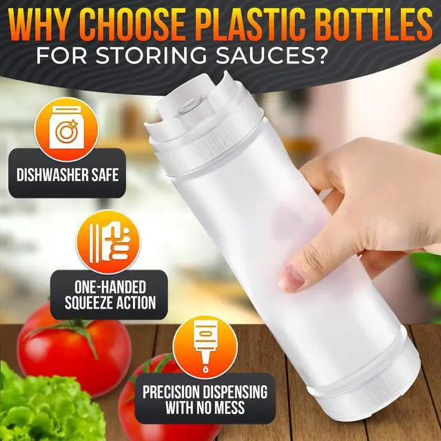 Alt view image 4 of 7 - Set of 6 Inverted Condiment Squeeze Bottles 16 oz Upgraded Design with Added Sealing Gaskets, Self-Closing Valve, Easy-to-Fill Clear Bottles for Sauces, Dressings, Ketchup, Mustard for Everyday Use