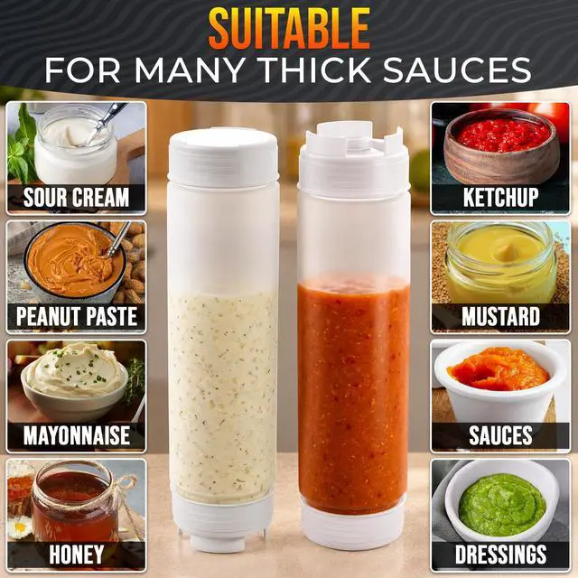 Alt view image 6 of 7 - Set of 6 Inverted Condiment Squeeze Bottles 16 oz Upgraded Design with Added Sealing Gaskets, Self-Closing Valve, Easy-to-Fill Clear Bottles for Sauces, Dressings, Ketchup, Mustard for Everyday Use