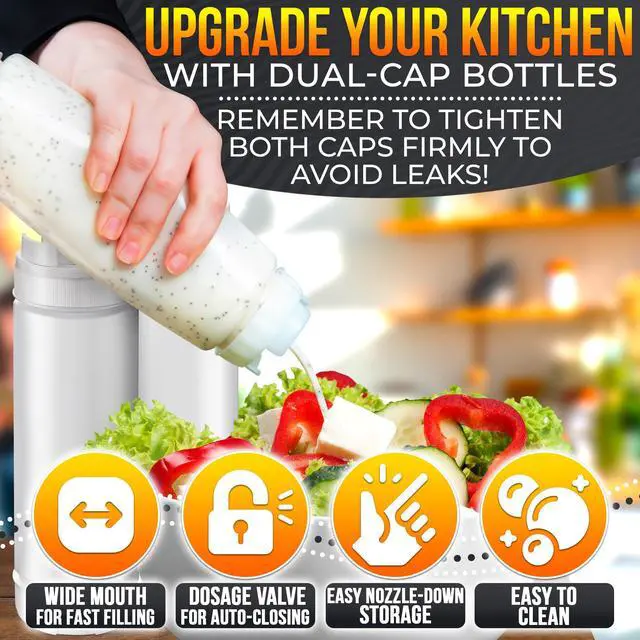 Alt view image 5 of 7 - Set of 6 Inverted Condiment Squeeze Bottles 16 oz Upgraded Design with Added Sealing Gaskets, Self-Closing Valve, Easy-to-Fill Clear Bottles for Sauces, Dressings, Ketchup, Mustard for Everyday Use