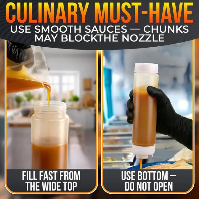 Alt view image 7 of 7 - Set of 6 Inverted Condiment Squeeze Bottles 16 oz Upgraded Design with Added Sealing Gaskets, Self-Closing Valve, Easy-to-Fill Clear Bottles for Sauces, Dressings, Ketchup, Mustard for Everyday Use