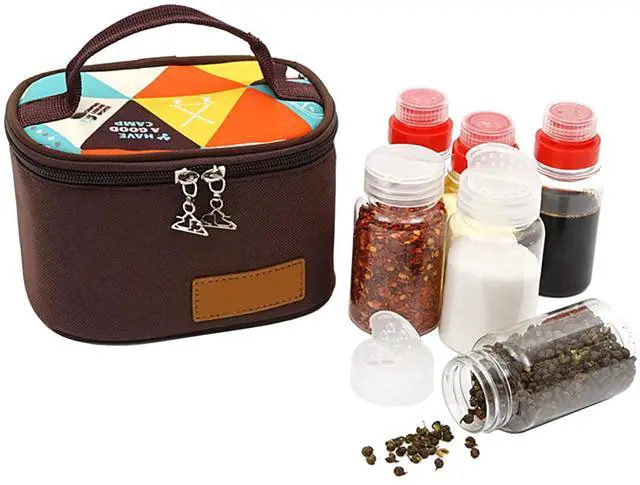 Main image of Camping Seasoning Jar Set,Outdoor Spice Kit,Portable Spice Condiment Dispenser for Backpacking Hiking,Liquid Bottle 3pcs & Powder Bottle 3pcs,600D Encrypted Oxford Cloth Storage Bag-Coffee