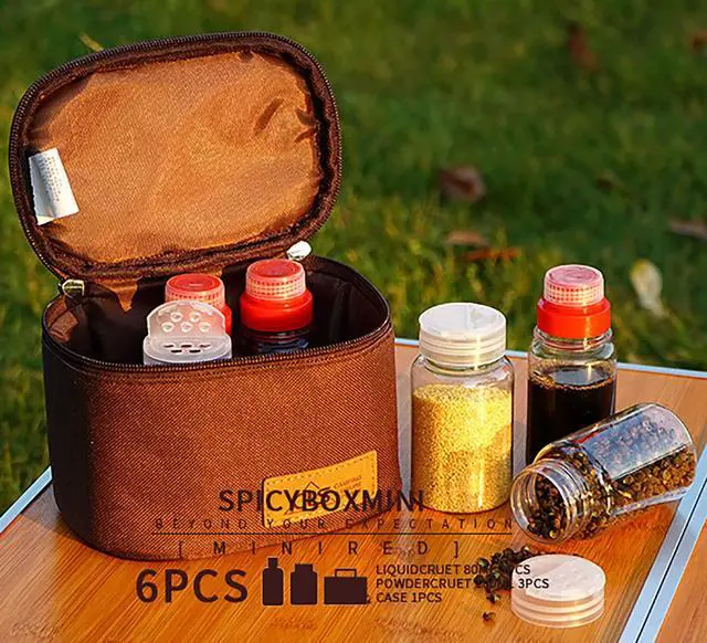 Alt view image 4 of 7 - Camping Seasoning Jar Set,Outdoor Spice Kit,Portable Spice Condiment Dispenser for Backpacking Hiking,Liquid Bottle 3pcs & Powder Bottle 3pcs,600D Encrypted Oxford Cloth Storage Bag-Coffee