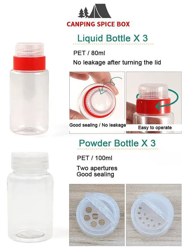 Alt view image 3 of 7 - Camping Seasoning Jar Set,Outdoor Spice Kit,Portable Spice Condiment Dispenser for Backpacking Hiking,Liquid Bottle 3pcs & Powder Bottle 3pcs,600D Encrypted Oxford Cloth Storage Bag-Coffee