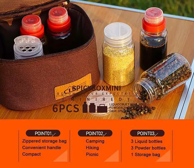 Alt view image 2 of 7 - Camping Seasoning Jar Set,Outdoor Spice Kit,Portable Spice Condiment Dispenser for Backpacking Hiking,Liquid Bottle 3pcs & Powder Bottle 3pcs,600D Encrypted Oxford Cloth Storage Bag-Coffee