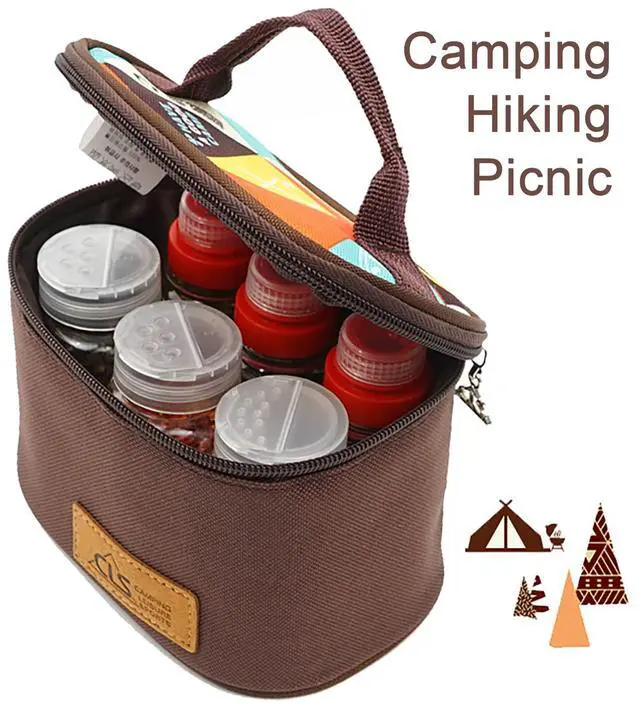 Alt view image 6 of 7 - Camping Seasoning Jar Set,Outdoor Spice Kit,Portable Spice Condiment Dispenser for Backpacking Hiking,Liquid Bottle 3pcs & Powder Bottle 3pcs,600D Encrypted Oxford Cloth Storage Bag-Coffee