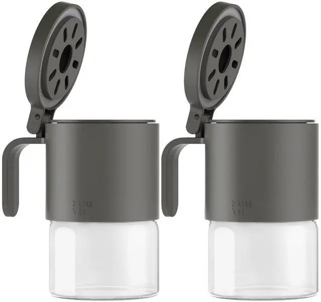 Main image of Glass Spice Jars Moisture-Proof Spice Containers with Spoons, Set of 2 10oz/300ml Spice Bottles, Mini Seasoning Storage Jars with Flapper Caps for Salt, Sugar, Peppers, Chili in Kitchen Grey