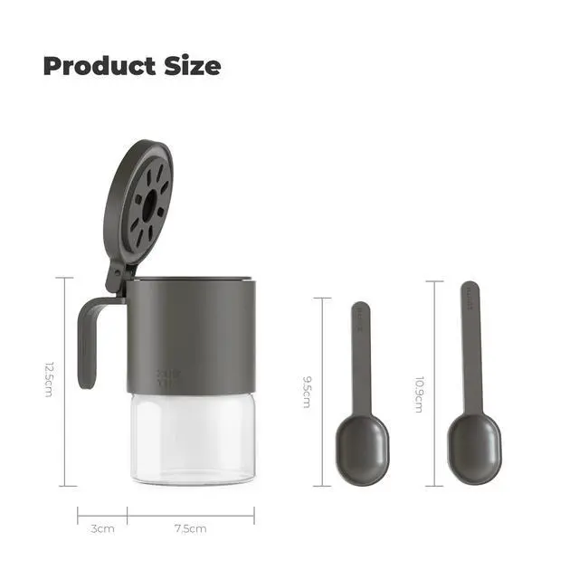 Alt view image 3 of 7 - Glass Spice Jars Moisture-Proof Spice Containers with Spoons, Set of 2 10oz/300ml Spice Bottles, Mini Seasoning Storage Jars with Flapper Caps for Salt, Sugar, Peppers, Chili in Kitchen Grey