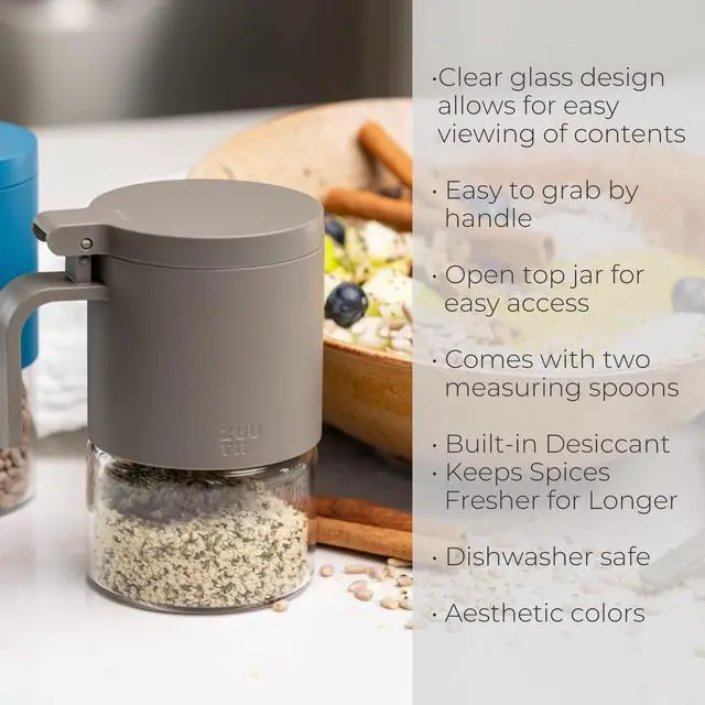 Alt view image 6 of 7 - Glass Spice Jars Moisture-Proof Spice Containers with Spoons, Set of 2 10oz/300ml Spice Bottles, Mini Seasoning Storage Jars with Flapper Caps for Salt, Sugar, Peppers, Chili in Kitchen Grey