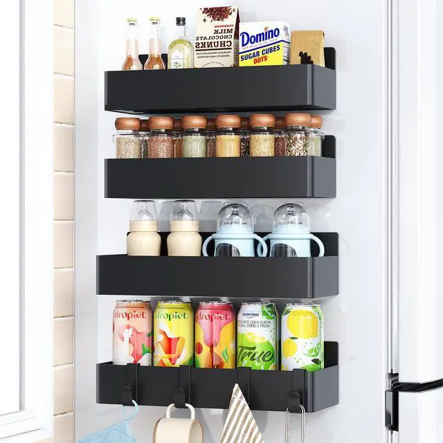 Main image of Magnetic Spice Rack for Refrigerator, Kitchen Organizer and Storage Shelf, Black (4 Pack)