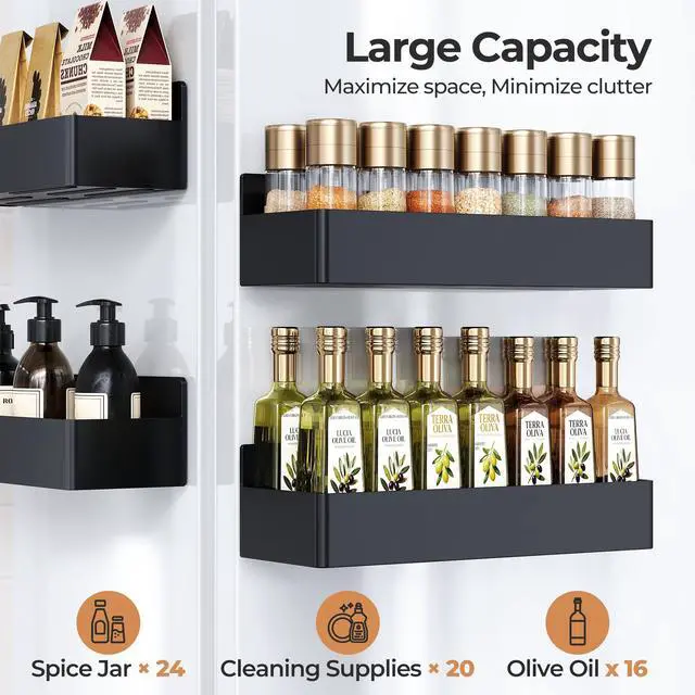Alt view image 6 of 7 - Magnetic Spice Rack for Refrigerator, Kitchen Organizer and Storage Shelf, Black (4 Pack)