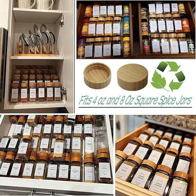 Alt view image 3 of 7 - 16 Pcs Bamboo Spice Jar Lids Fits Square Containers Seasoning Bottle Sealing Lids Fit Only 4 oz and 8 oz (Bamboo)