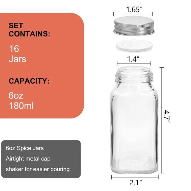 Alt view image 2 of 7 - 16 Pack 6oz Glass Spice Jars with Shaker Lids,Empty Square Spice Containers