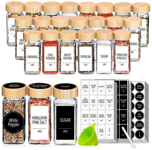 Main image of 24 Spice Jars with Labels & Bamboo Lids - 4 Oz Glass Containers with Shaker Lids, 547 Spice Labels of 3 Different Types Seasoning Jars for Spice Rack, Cabinet, or Drawer
