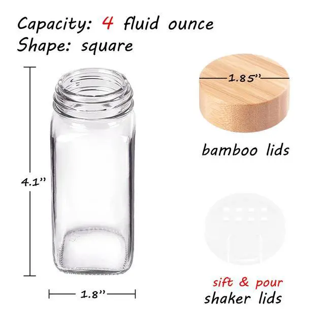 Alt view image 2 of 6 - 24 Spice Jars with Labels & Bamboo Lids - 4 Oz Glass Containers with Shaker Lids, 547 Spice Labels of 3 Different Types Seasoning Jars for Spice Rack, Cabinet, or Drawer