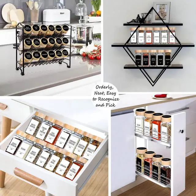Alt view image 4 of 6 - 24 Spice Jars with Labels & Bamboo Lids - 4 Oz Glass Containers with Shaker Lids, 547 Spice Labels of 3 Different Types Seasoning Jars for Spice Rack, Cabinet, or Drawer