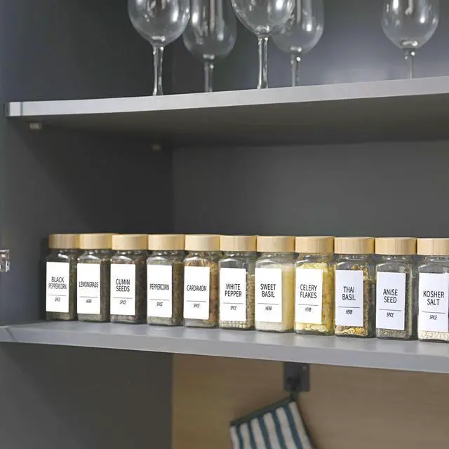 Alt view image 6 of 6 - 24 Spice Jars with Labels & Bamboo Lids - 4 Oz Glass Containers with Shaker Lids, 547 Spice Labels of 3 Different Types Seasoning Jars for Spice Rack, Cabinet, or Drawer