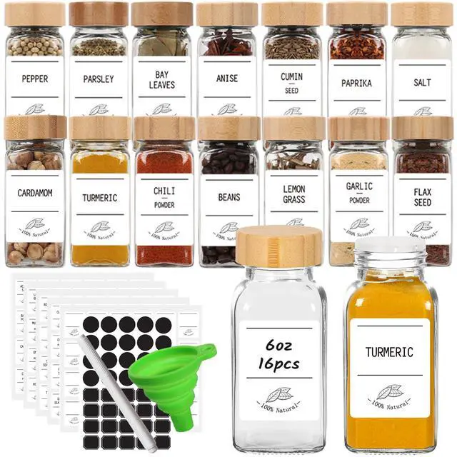 Main image of 16 Pack 6 oz Glass Spice Jars with Bamboo Lids and Spice Labels
