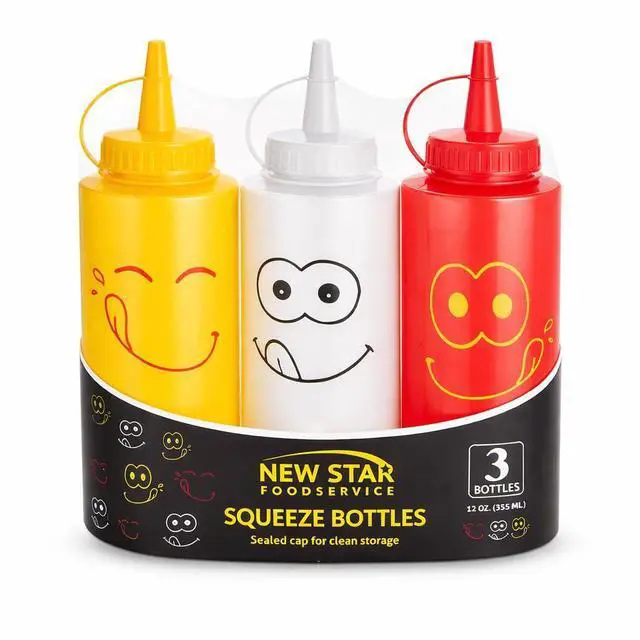 Main image of Condiment Squeeze Bottle Set, 12 Oz, Plastic, Smiley Face Design + Caps, Red, Yellow and Clear, 3-Pack