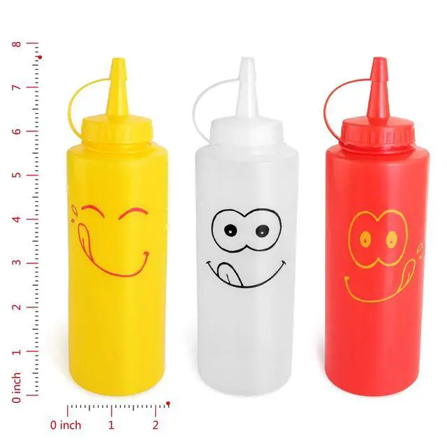 Alt view image 2 of 5 - Condiment Squeeze Bottle Set, 12 Oz, Plastic, Smiley Face Design + Caps, Red, Yellow and Clear, 3-Pack