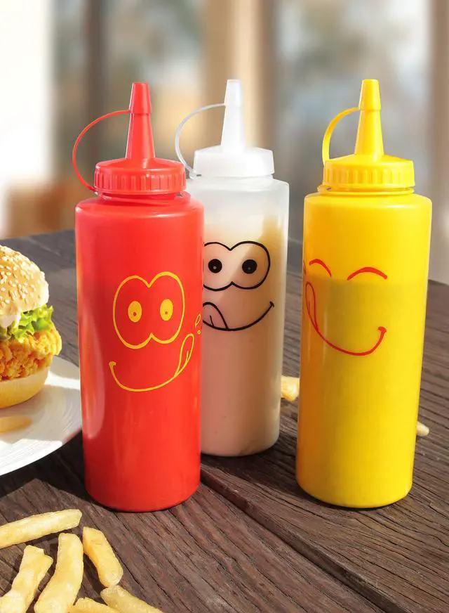 Alt view image 4 of 5 - Condiment Squeeze Bottle Set, 12 Oz, Plastic, Smiley Face Design + Caps, Red, Yellow and Clear, 3-Pack