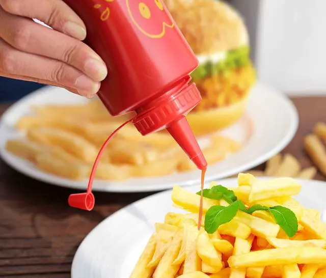 Alt view image 5 of 5 - Condiment Squeeze Bottle Set, 12 Oz, Plastic, Smiley Face Design + Caps, Red, Yellow and Clear, 3-Pack