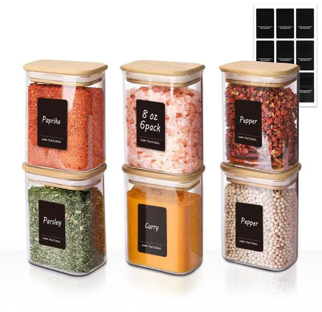 Main image of Spice Jars with Label8 oz Small Glass Jars with Lids, 6 Pcs Seasoning Containers, Rectangle Glass Containers with Lids, Empty Seasoning Jars for Pantry Storage, Loose Tea, Herbs, Powders, Salt