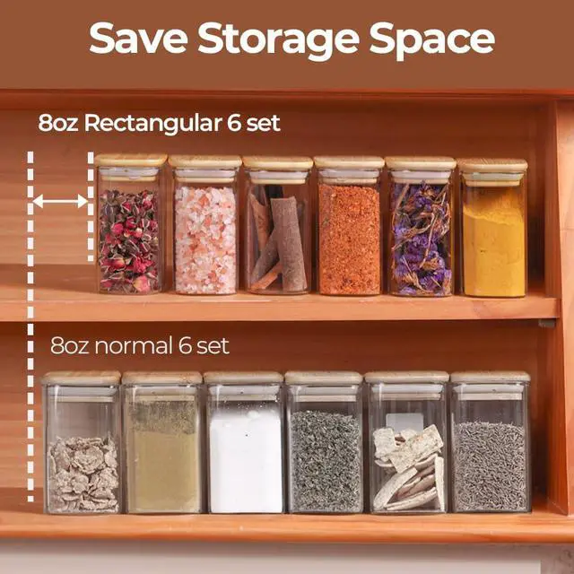 Alt view image 4 of 7 - Spice Jars with Label8 oz Small Glass Jars with Lids, 6 Pcs Seasoning Containers, Rectangle Glass Containers with Lids, Empty Seasoning Jars for Pantry Storage, Loose Tea, Herbs, Powders, Salt