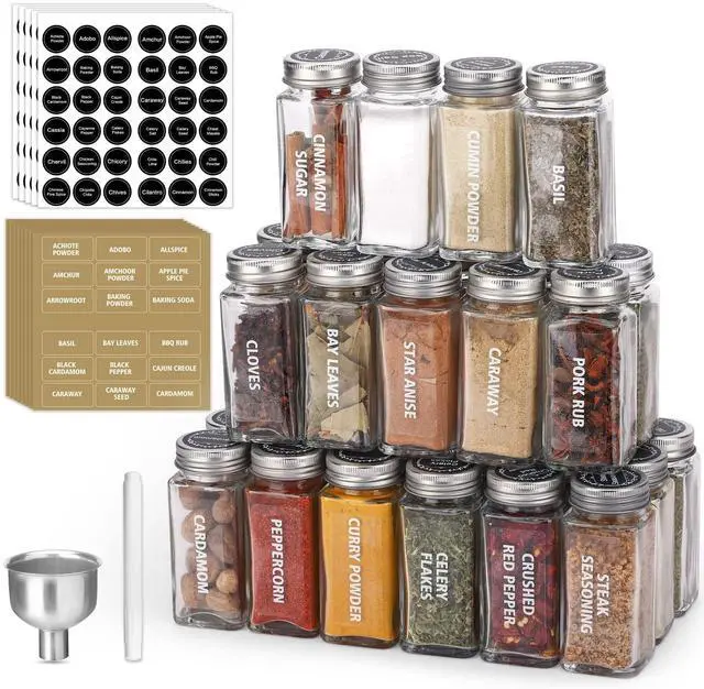 Main image of 28 Pcs Clear Glass Spice Jars,3.5 oz Glass spice jar with 324 labels, Funnel,Chalk Pen,Shaker Lids and Airtight Metal Caps, Empty Square Spice Bottles for Spice Rack, Cabinet, Drawer