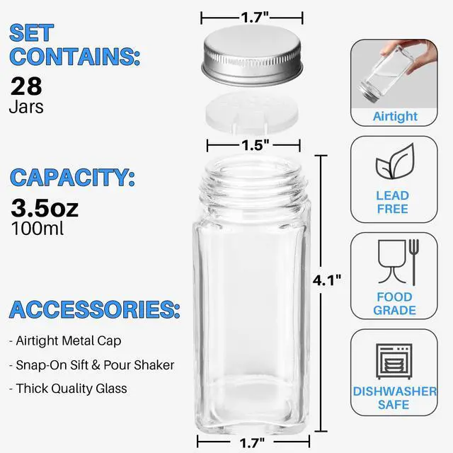 Alt view image 2 of 7 - 28 Pcs Clear Glass Spice Jars,3.5 oz Glass spice jar with 324 labels, Funnel,Chalk Pen,Shaker Lids and Airtight Metal Caps, Empty Square Spice Bottles for Spice Rack, Cabinet, Drawer
