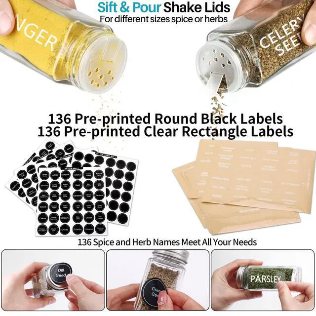 Alt view image 3 of 7 - 28 Pcs Clear Glass Spice Jars,3.5 oz Glass spice jar with 324 labels, Funnel,Chalk Pen,Shaker Lids and Airtight Metal Caps, Empty Square Spice Bottles for Spice Rack, Cabinet, Drawer