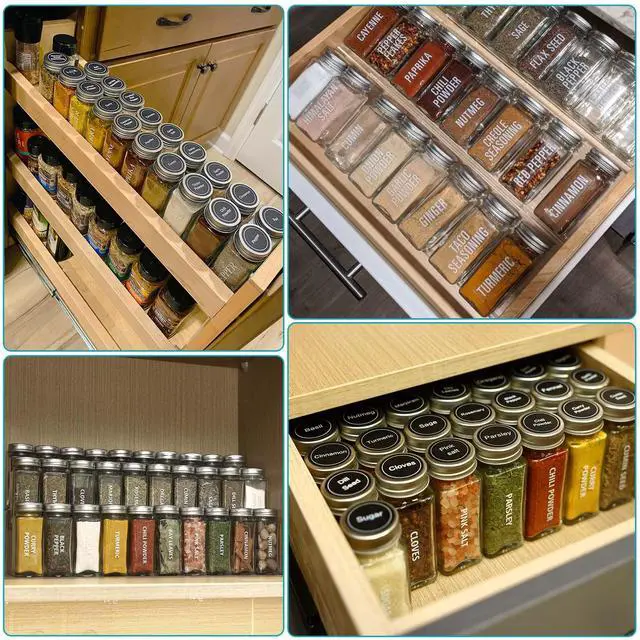 Alt view image 4 of 7 - 28 Pcs Clear Glass Spice Jars,3.5 oz Glass spice jar with 324 labels, Funnel,Chalk Pen,Shaker Lids and Airtight Metal Caps, Empty Square Spice Bottles for Spice Rack, Cabinet, Drawer