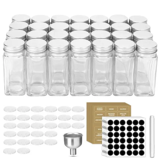 Alt view image 7 of 7 - 28 Pcs Clear Glass Spice Jars,3.5 oz Glass spice jar with 324 labels, Funnel,Chalk Pen,Shaker Lids and Airtight Metal Caps, Empty Square Spice Bottles for Spice Rack, Cabinet, Drawer