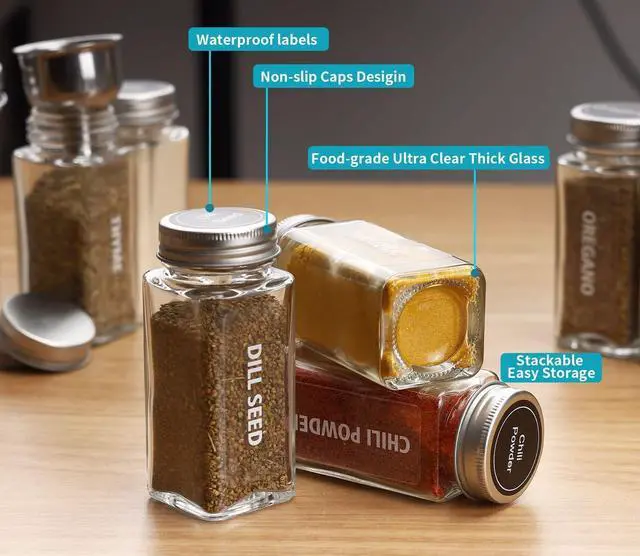 Alt view image 5 of 7 - 28 Pcs Clear Glass Spice Jars,3.5 oz Glass spice jar with 324 labels, Funnel,Chalk Pen,Shaker Lids and Airtight Metal Caps, Empty Square Spice Bottles for Spice Rack, Cabinet, Drawer