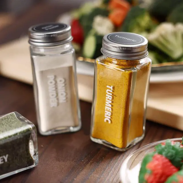 Alt view image 6 of 7 - 28 Pcs Clear Glass Spice Jars,3.5 oz Glass spice jar with 324 labels, Funnel,Chalk Pen,Shaker Lids and Airtight Metal Caps, Empty Square Spice Bottles for Spice Rack, Cabinet, Drawer