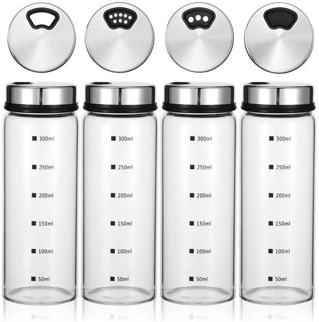 Main image of 4Pcs Salt Pepper Shakers with Adjustable Outlet Holes, 10 oz Clear Glass Shaker Bottles, Salt Shakers for Kitchen, Spice Seasoning Cans for Kitchen Decor Home Restaurant BBQ Camping