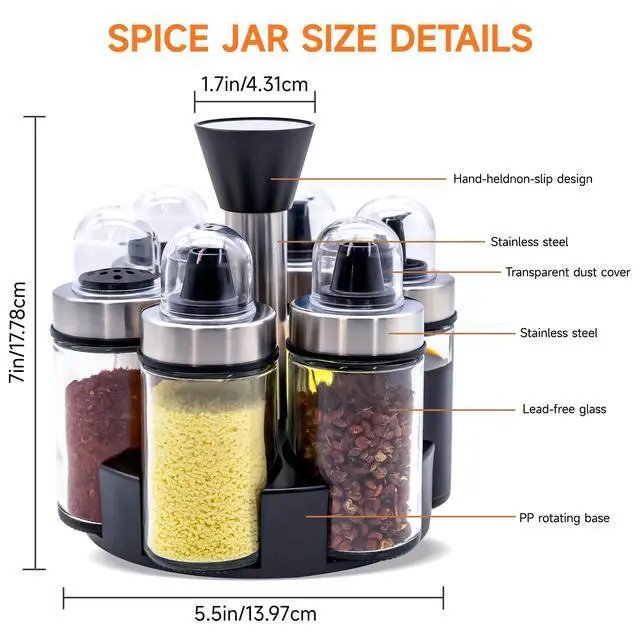Alt view image 2 of 7 - Oil and Vinegar Dispenser Set of 6 Bottles, Stainless Steel Salt Pepper Holder with 360° Rotating Holder, Cruet Soy Sauce - Premium Glass Condiment for Kitchen, Tabletop, Kitchen Containers
