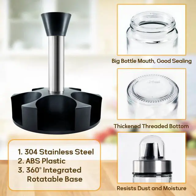 Alt view image 3 of 7 - Oil and Vinegar Dispenser Set of 6 Bottles, Stainless Steel Salt Pepper Holder with 360° Rotating Holder, Cruet Soy Sauce - Premium Glass Condiment for Kitchen, Tabletop, Kitchen Containers