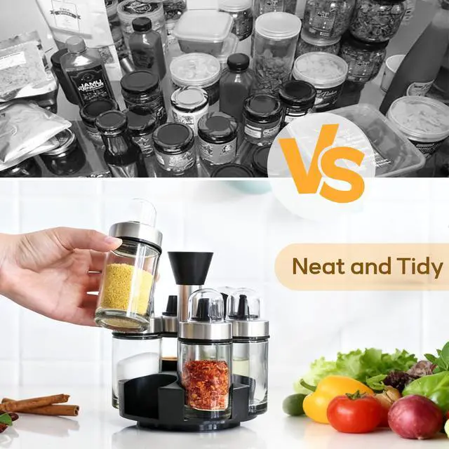 Alt view image 5 of 7 - Oil and Vinegar Dispenser Set of 6 Bottles, Stainless Steel Salt Pepper Holder with 360° Rotating Holder, Cruet Soy Sauce - Premium Glass Condiment for Kitchen, Tabletop, Kitchen Containers