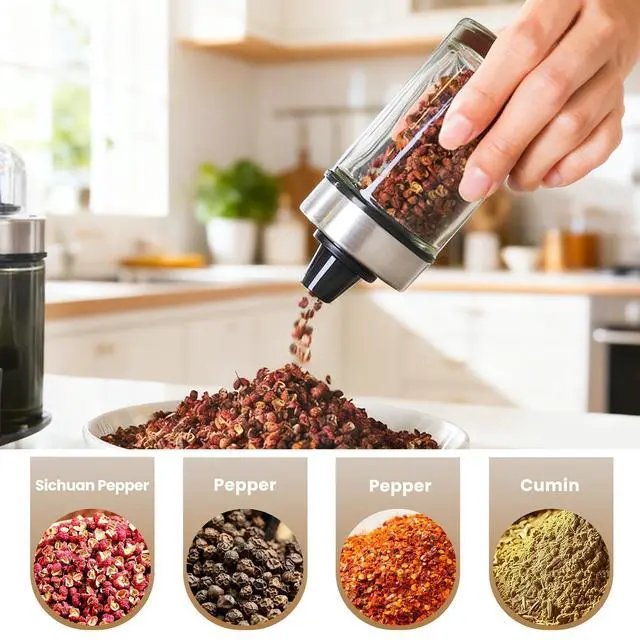 Alt view image 7 of 7 - Oil and Vinegar Dispenser Set of 6 Bottles, Stainless Steel Salt Pepper Holder with 360° Rotating Holder, Cruet Soy Sauce - Premium Glass Condiment for Kitchen, Tabletop, Kitchen Containers