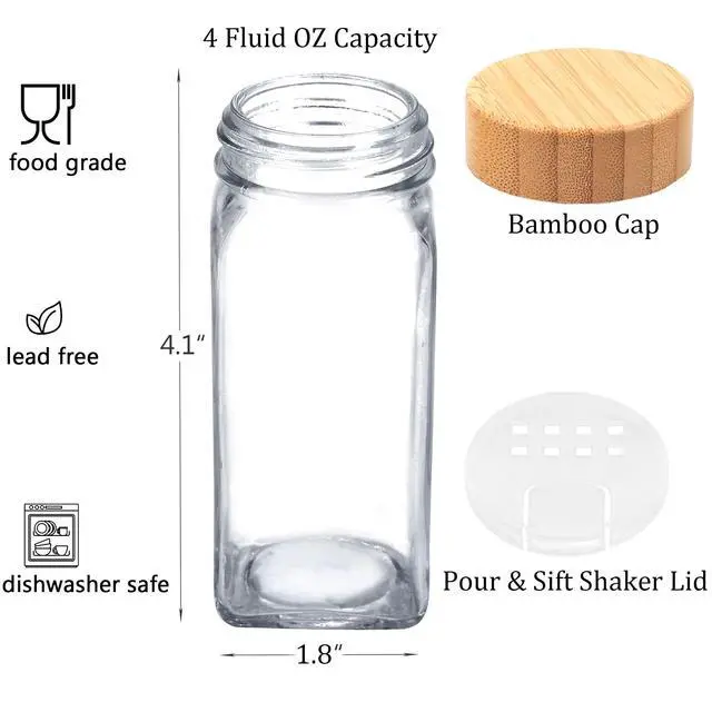 Alt view image 2 of 7 - 24 Pcs Glass Spice Jars with Labels, Square Spice Jars with Bamboo Lids, 4 oz Empty Spice Bottles with Shaker Lids, Seasoning Spice Storage Containers Bottles